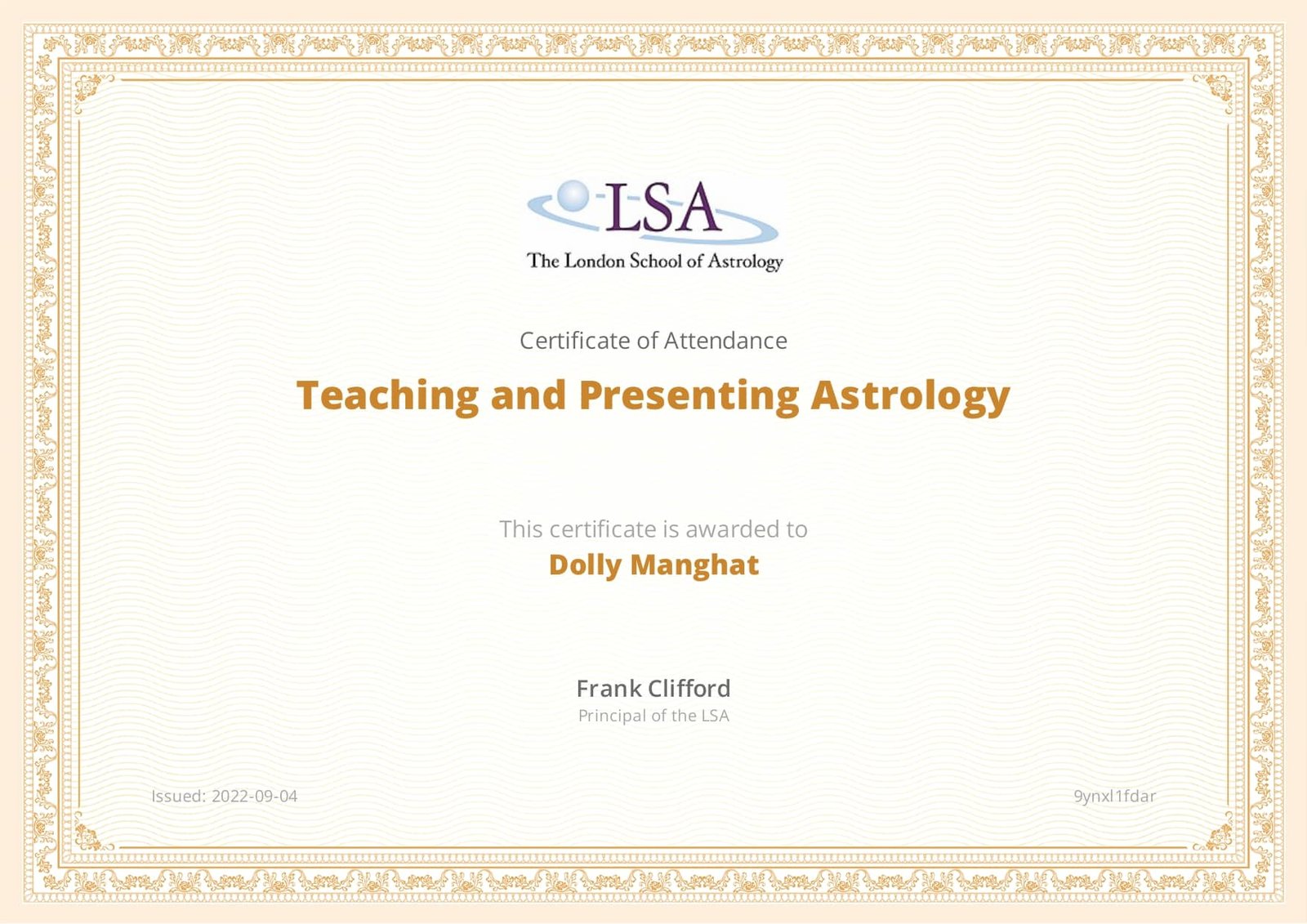 Dolly Manghat Astrology Certificate
